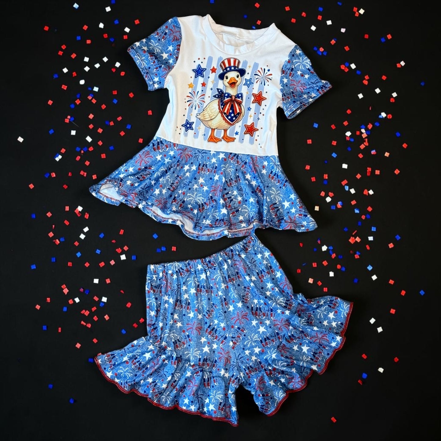Patriotic Goose Peplum Top Ruffle Shorts set Size 8/9