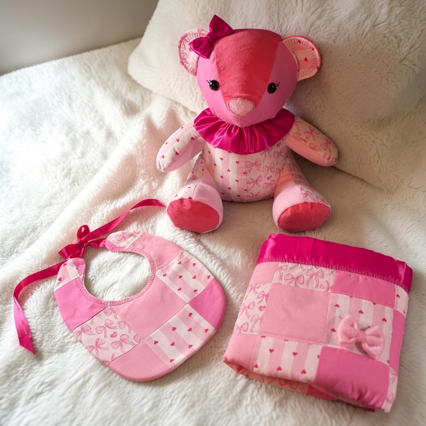 Handmade bear with matching bib and infant quilt