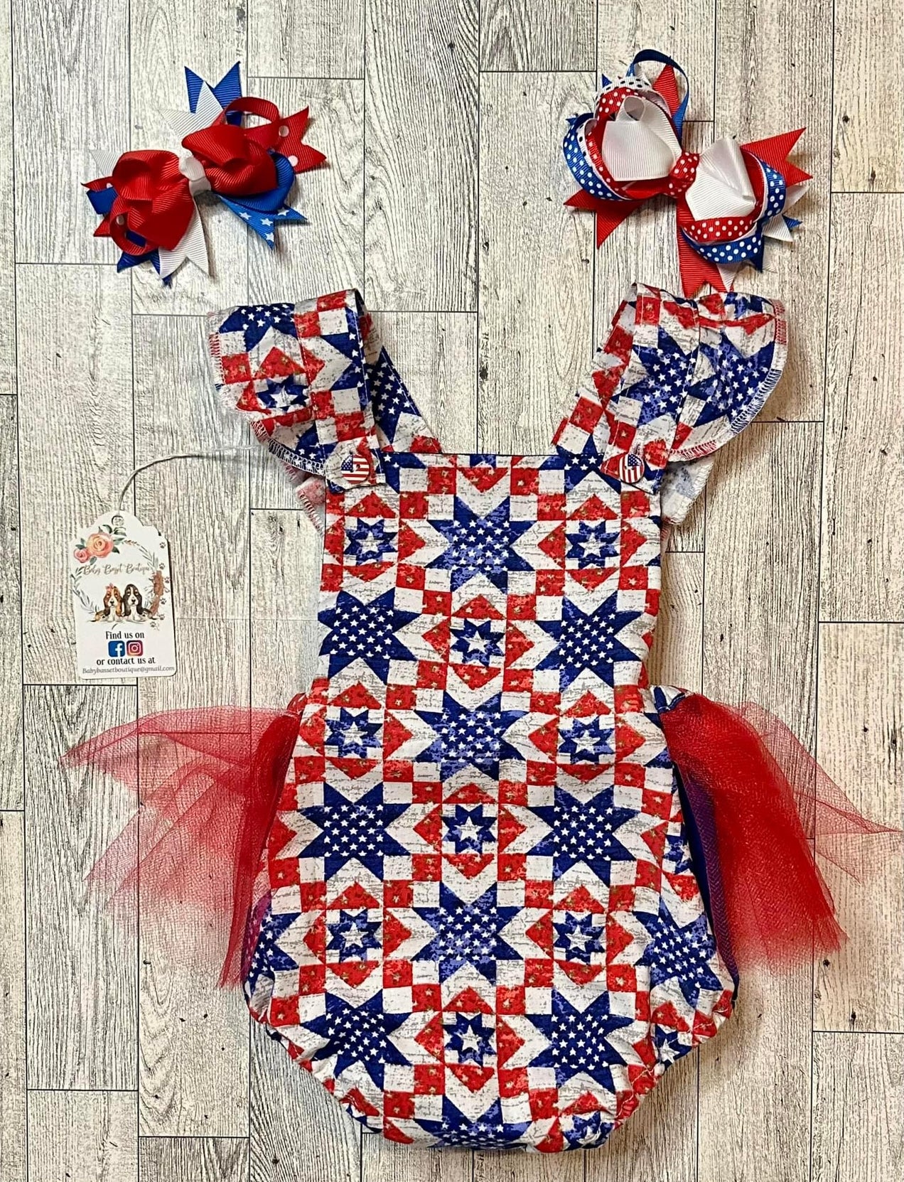 Patriotic Ruffle Romper Bow Set Size 6/9m