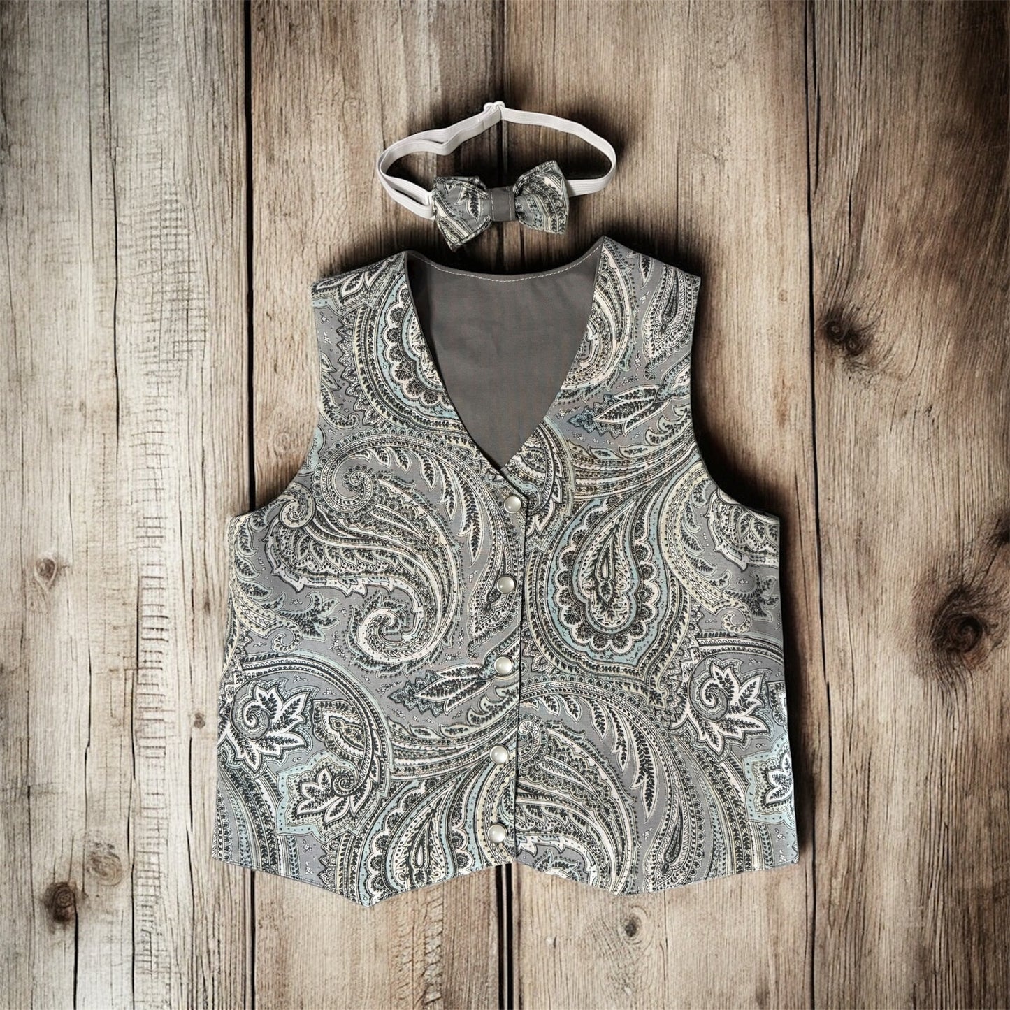 Blue Gray Paisley Vest Bow Tie Set Size 2T/3T