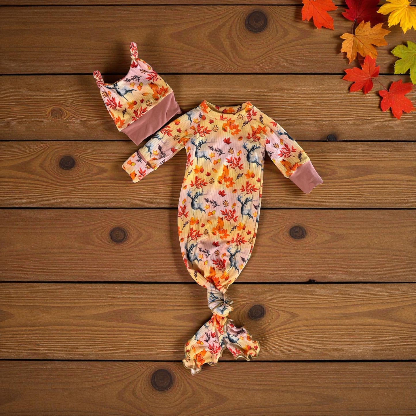 Pink fall baby gown hat set NB
