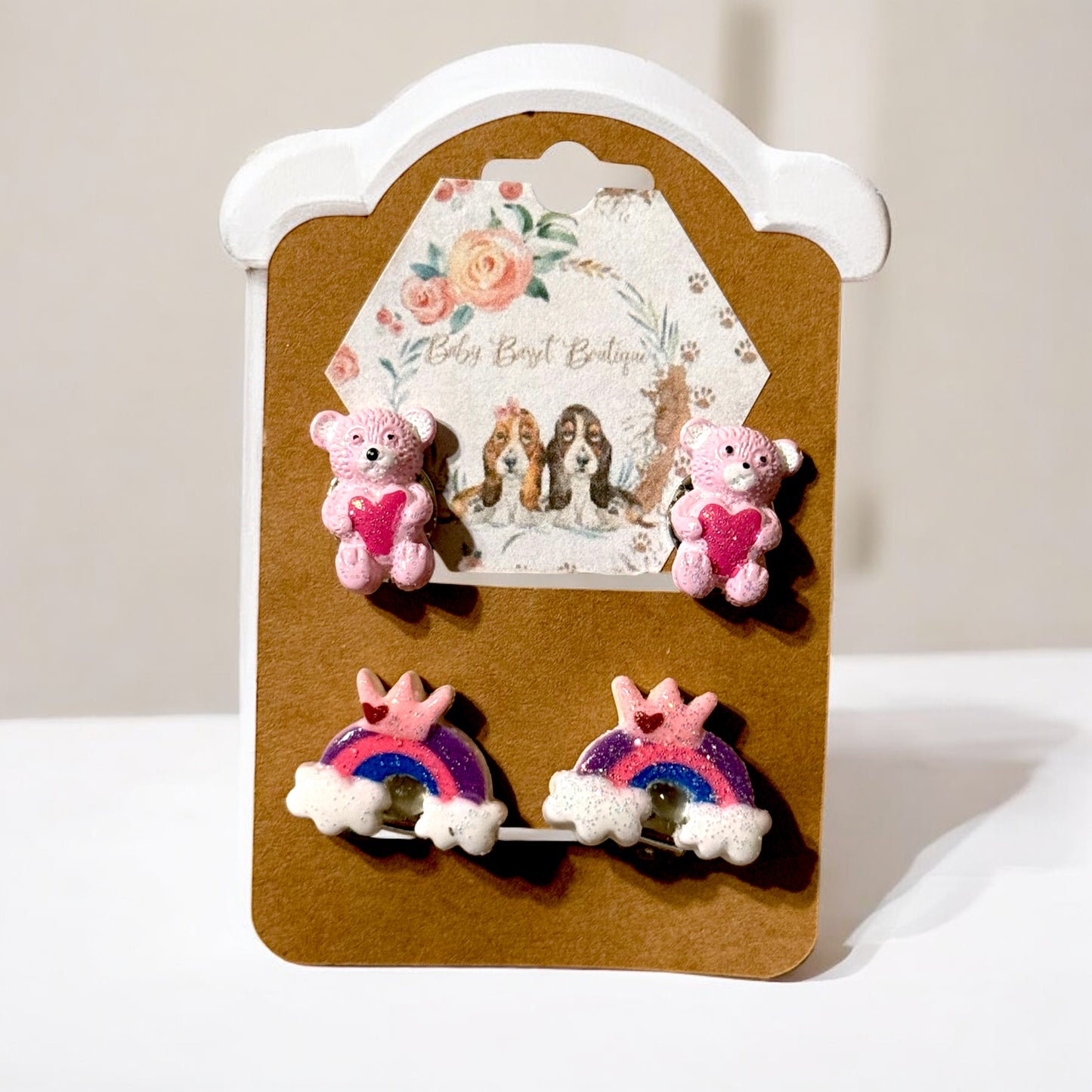 Teddy Rainbow Clip on Earrings Set