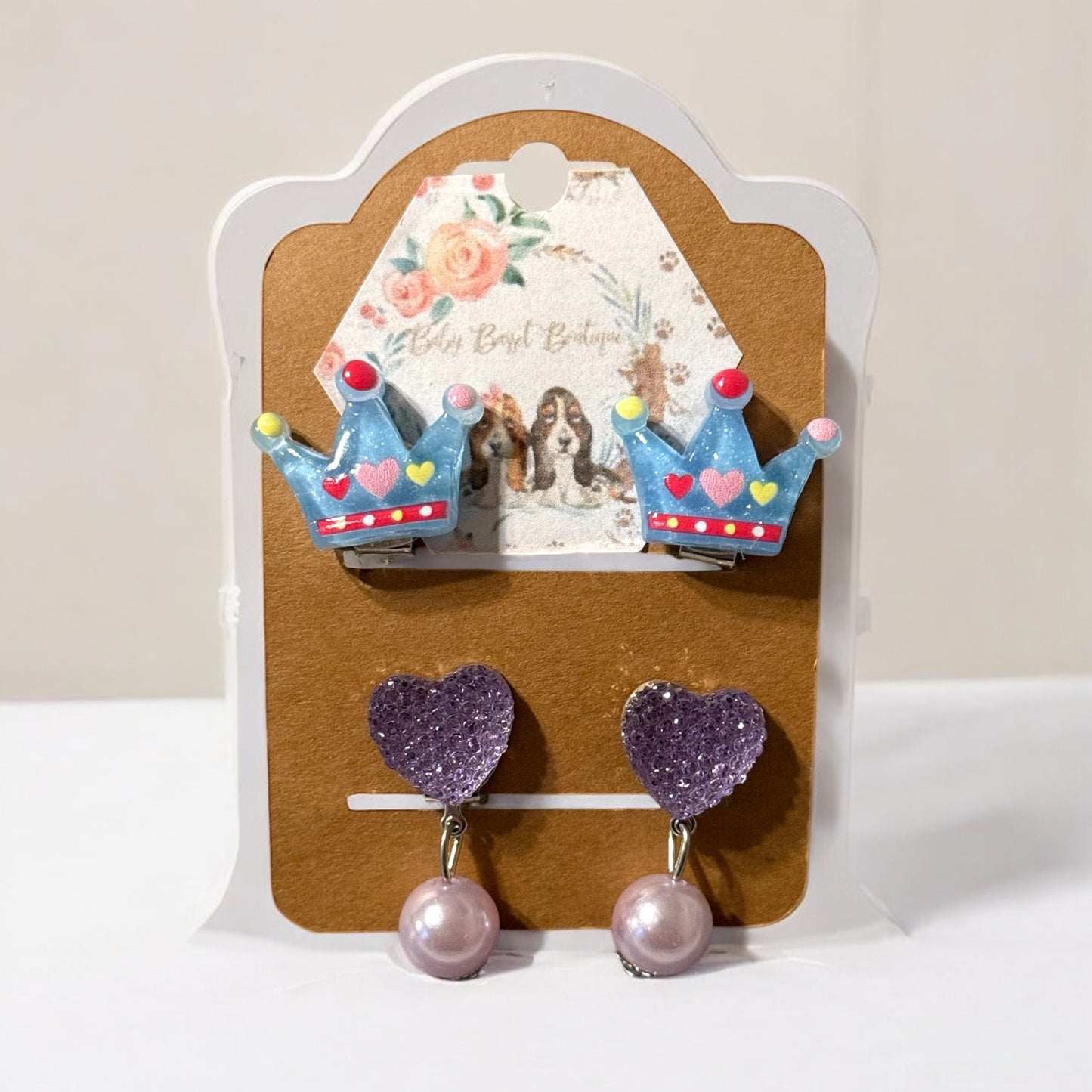 Crown Heart Clip on Earrings Set