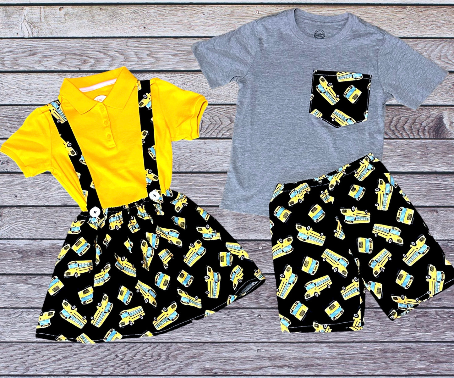 School Bus Suspender Skirt Set with Polo Shirt Size 4/5
