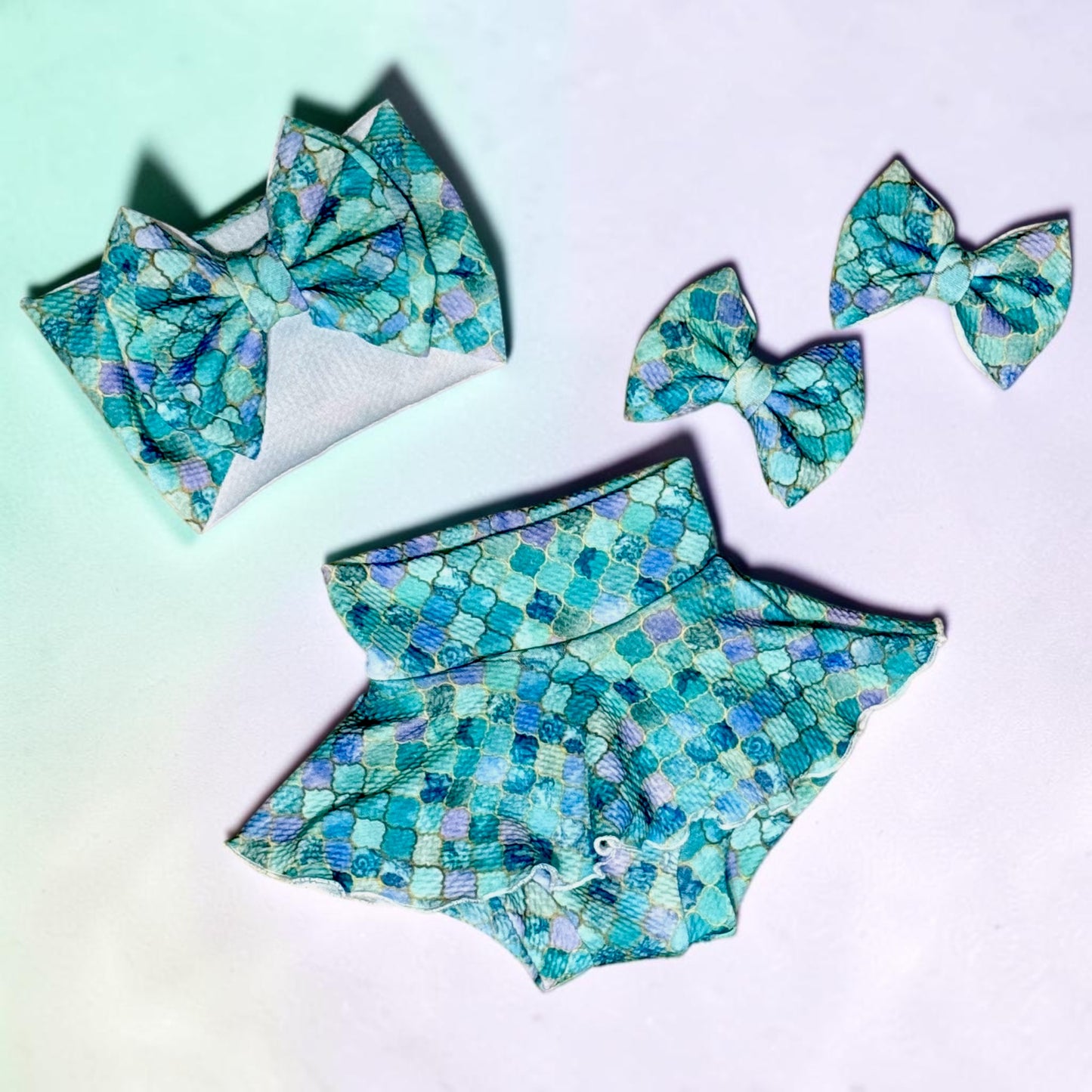Mermaid Scale skirted Bummie Headband Bow Set Size 0/3 months