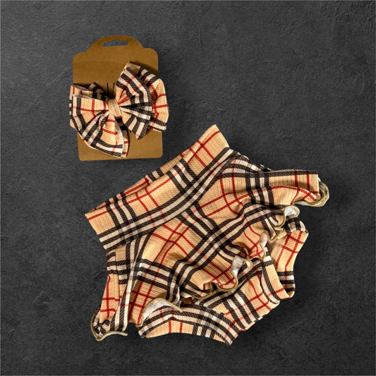 Plaid skirted bummie bow set 3/6m