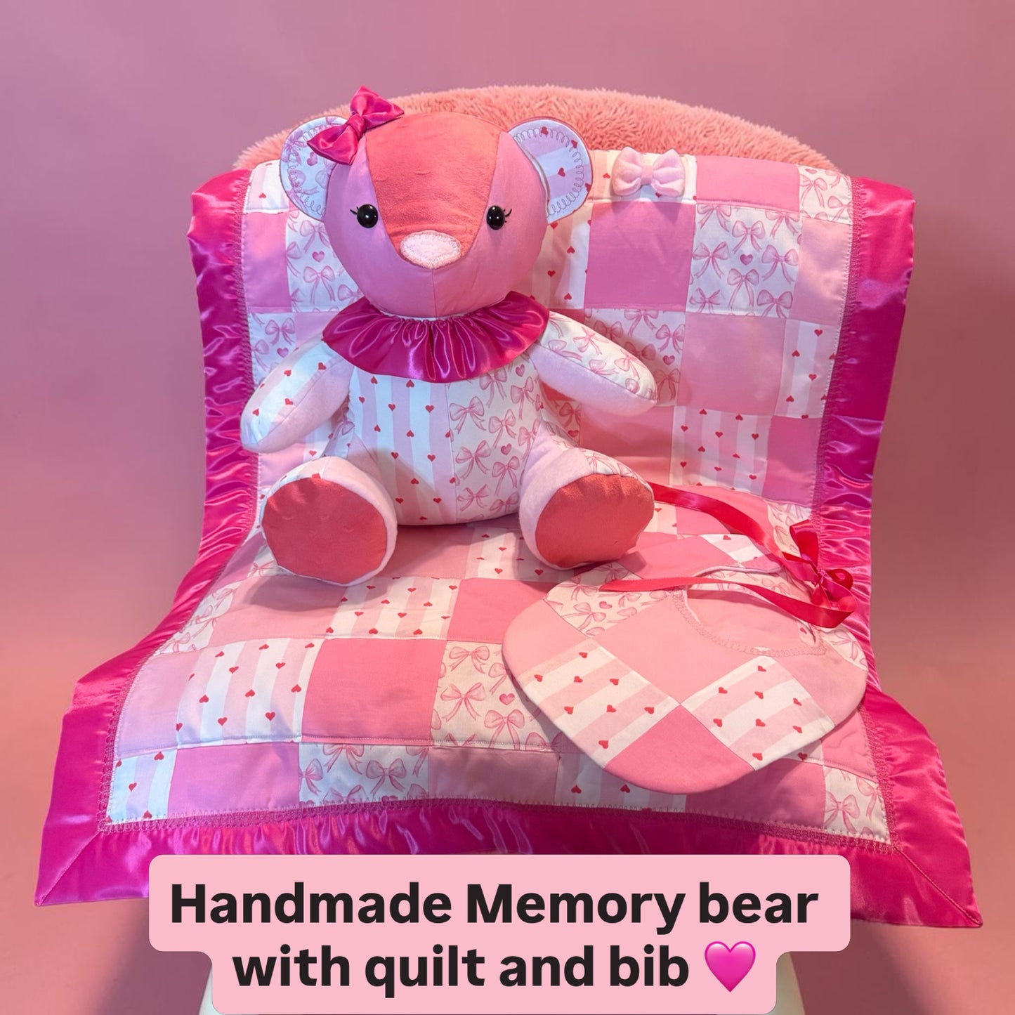 Handmade bear with matching bib and infant quilt