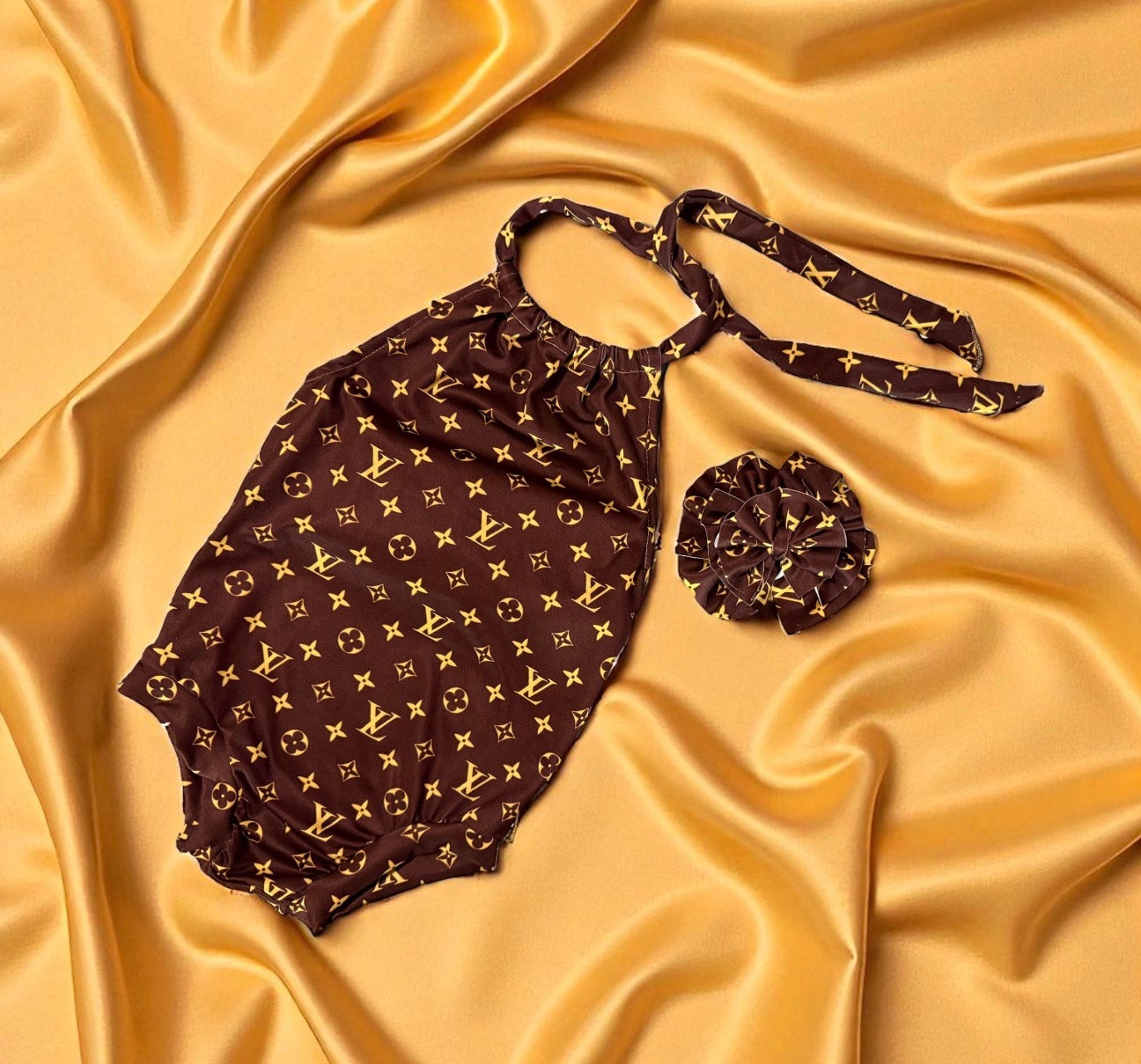 Brown and Gold Boujee Baby Halter onesie Bow Set Set Size NB