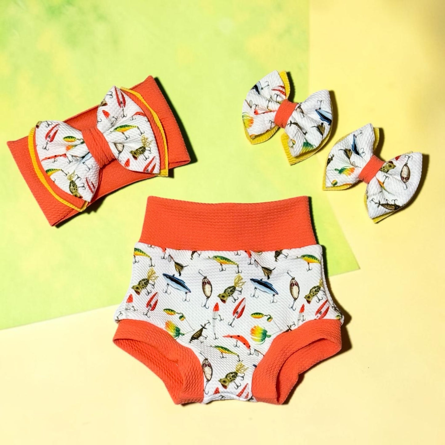 Fishing Bummie Headband Bow Set Size 3/6 months