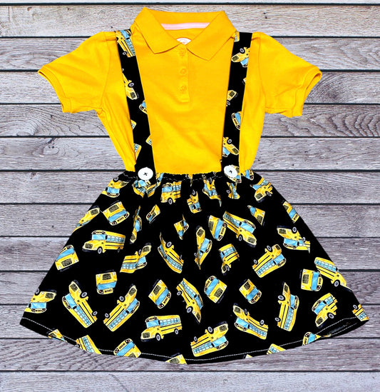 School Bus Suspender Skirt Set with Polo Shirt Size 4/5