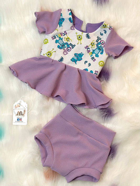 Cute Monster Peplum Top Bummie Set Size 9/12m