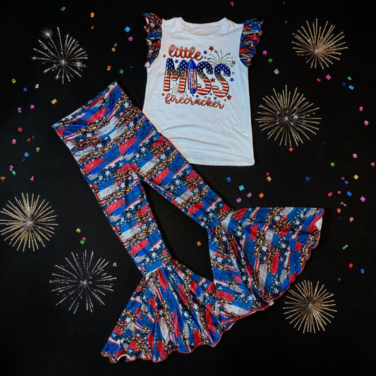 Patriotic Little Miss Firecracker T shirt with Leopard Print splash Bellbottoms Size 8/9y