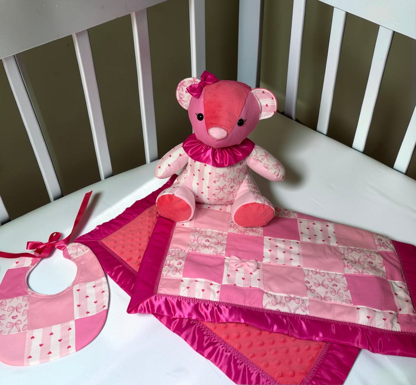 Handmade bear with matching bib and infant quilt