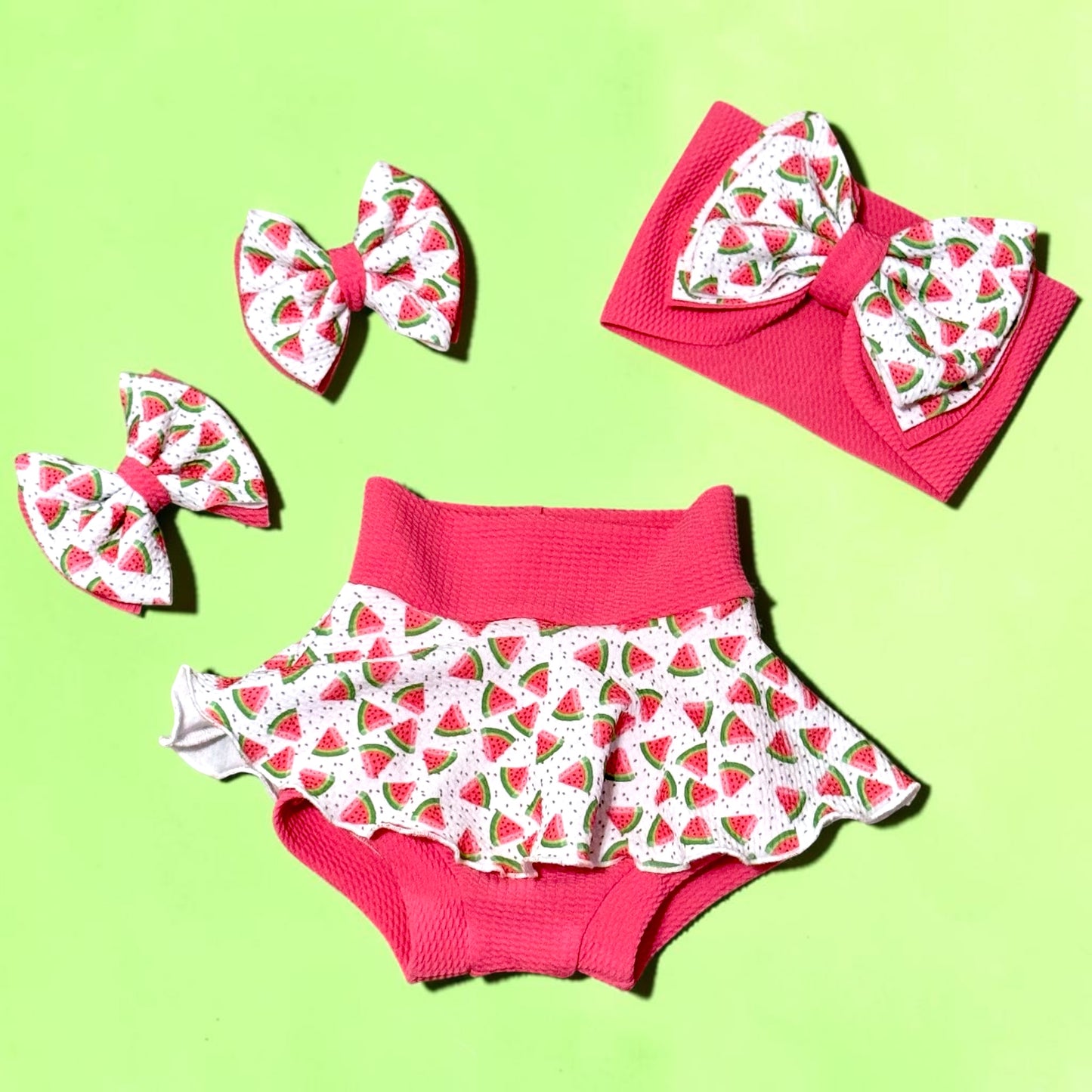 Watermelon skirted Bummie Headband Bow Set Size 3/6 months