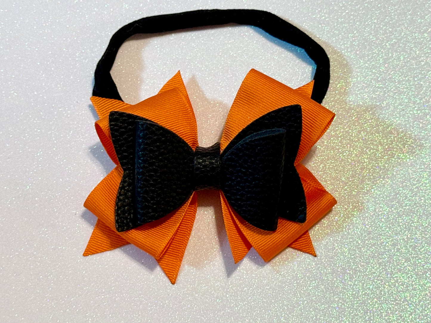 Orange and black Faux Leather and ribbon headband bow