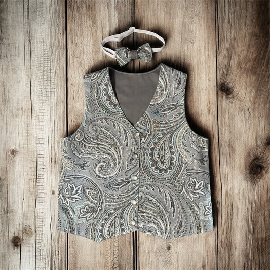 Blue Gray Paisley Vest Bow Tie Set Size 2T/3T