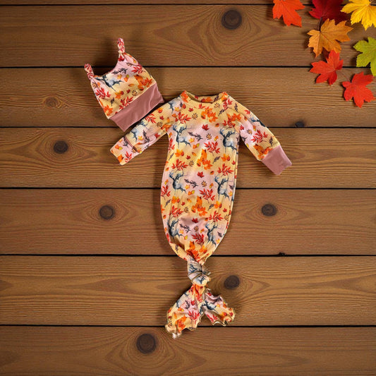 Pink fall baby gown hat set NB