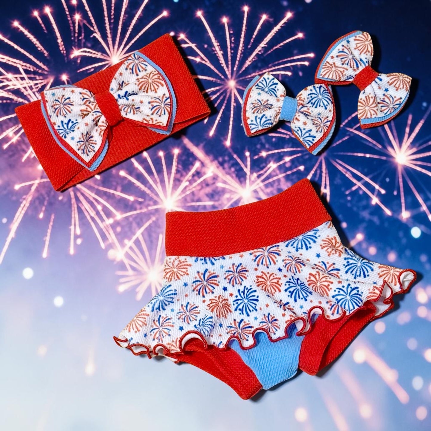 Firework skirted Bummie Headband Bow Set Size 3/6 months