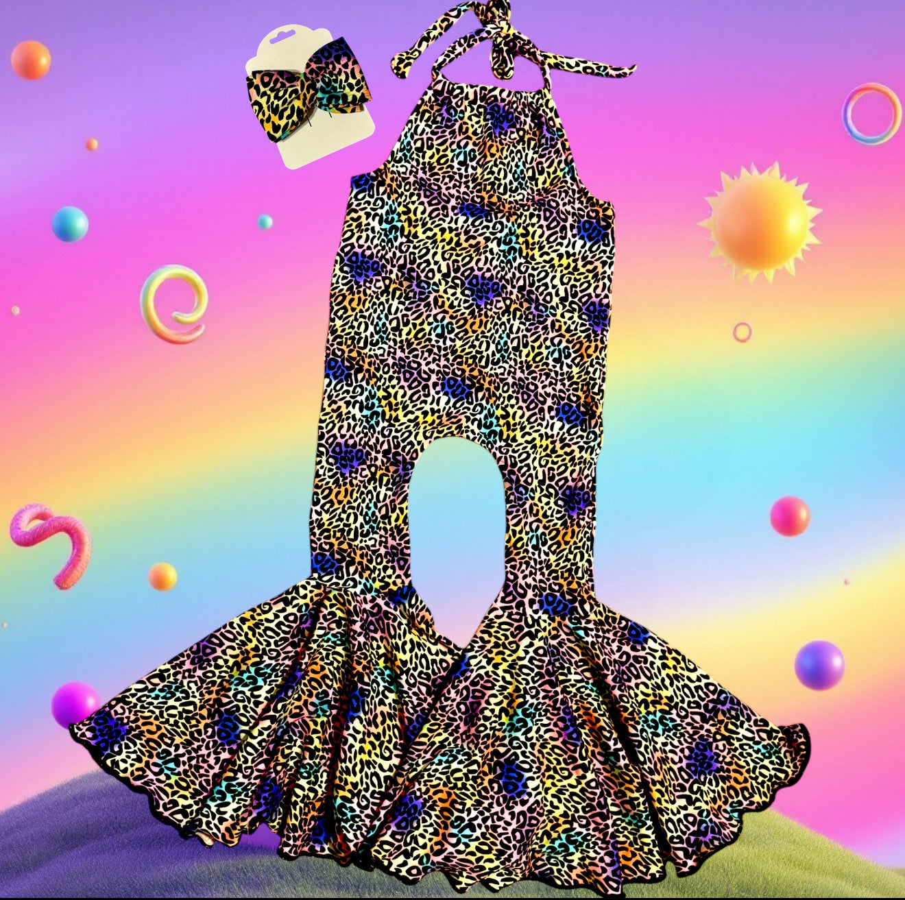 Rainbow cheetah Halter Bell Romper Size 6/7y