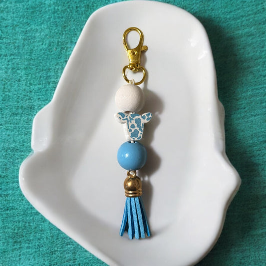 Blue Cow Wooden Beaded Purse Charm