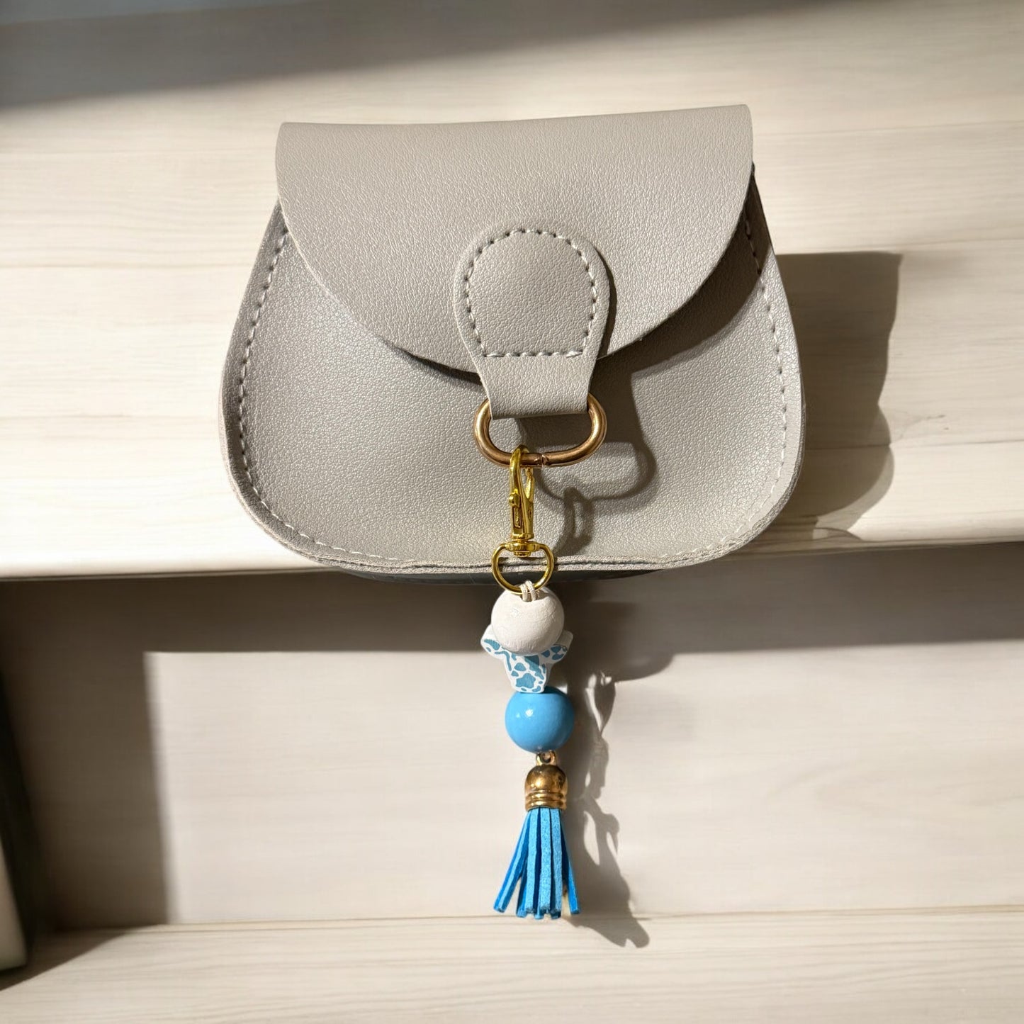 Blue Cow Wooden Beaded Purse Charm