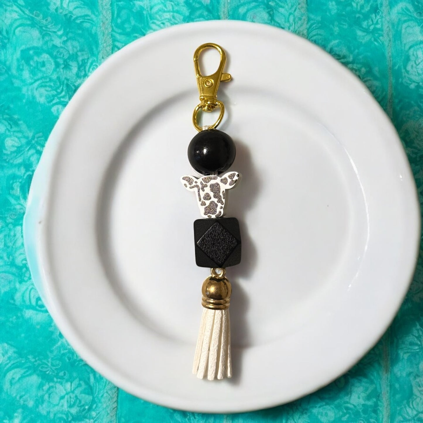 Black Cow Wooden Beaded Purse Charm