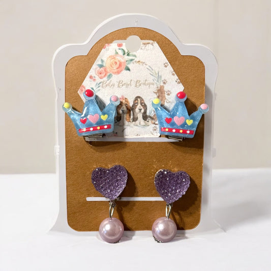 Crown Heart Clip on Earrings Set