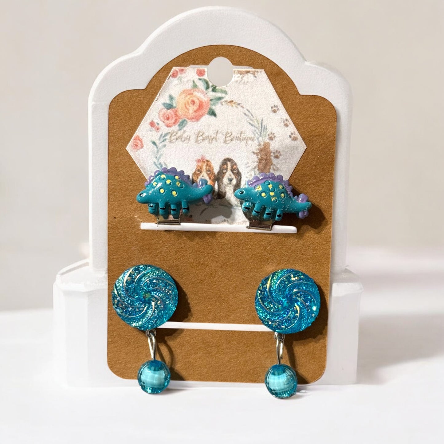 Blue Dinosaur Clip on Earrings Set