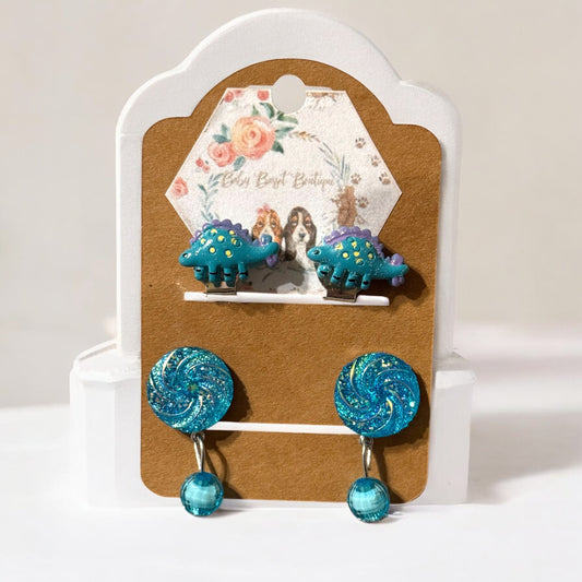 Blue Dinosaur Clip on Earrings Set