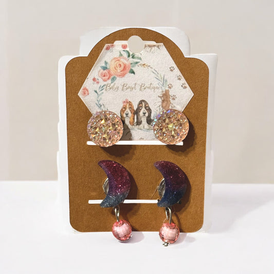Glitter Moon Clip on Earrings Set