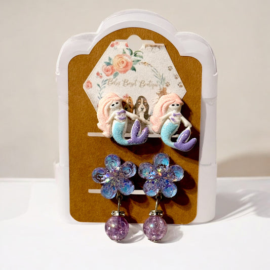 Mermaid Flower Clip on Earrings Set