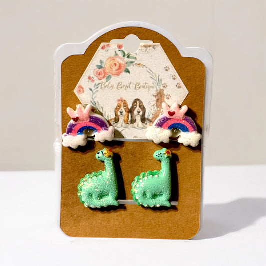 Rainbow Dinosaur Clip on Earrings Set