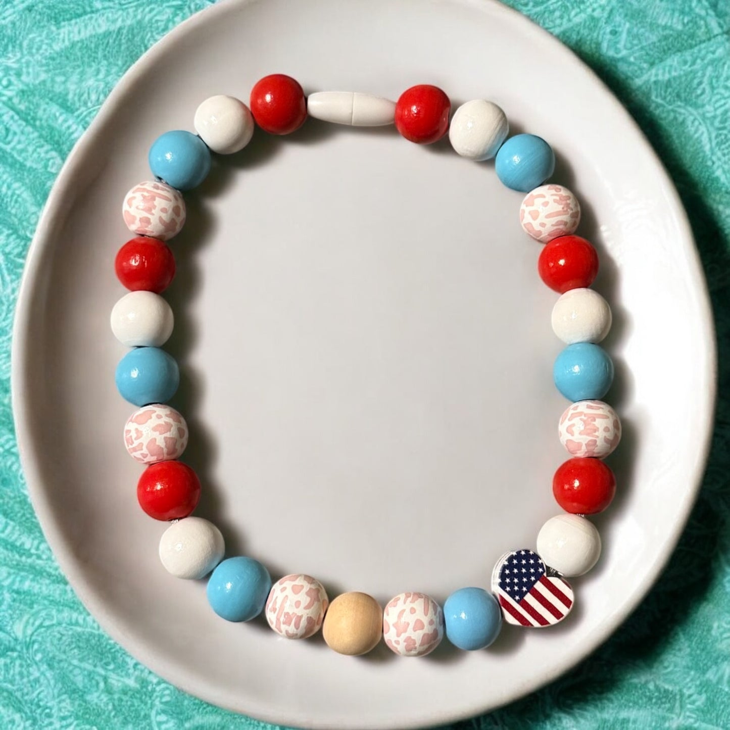 Patriotic Heart Wooden Beaded Necklace