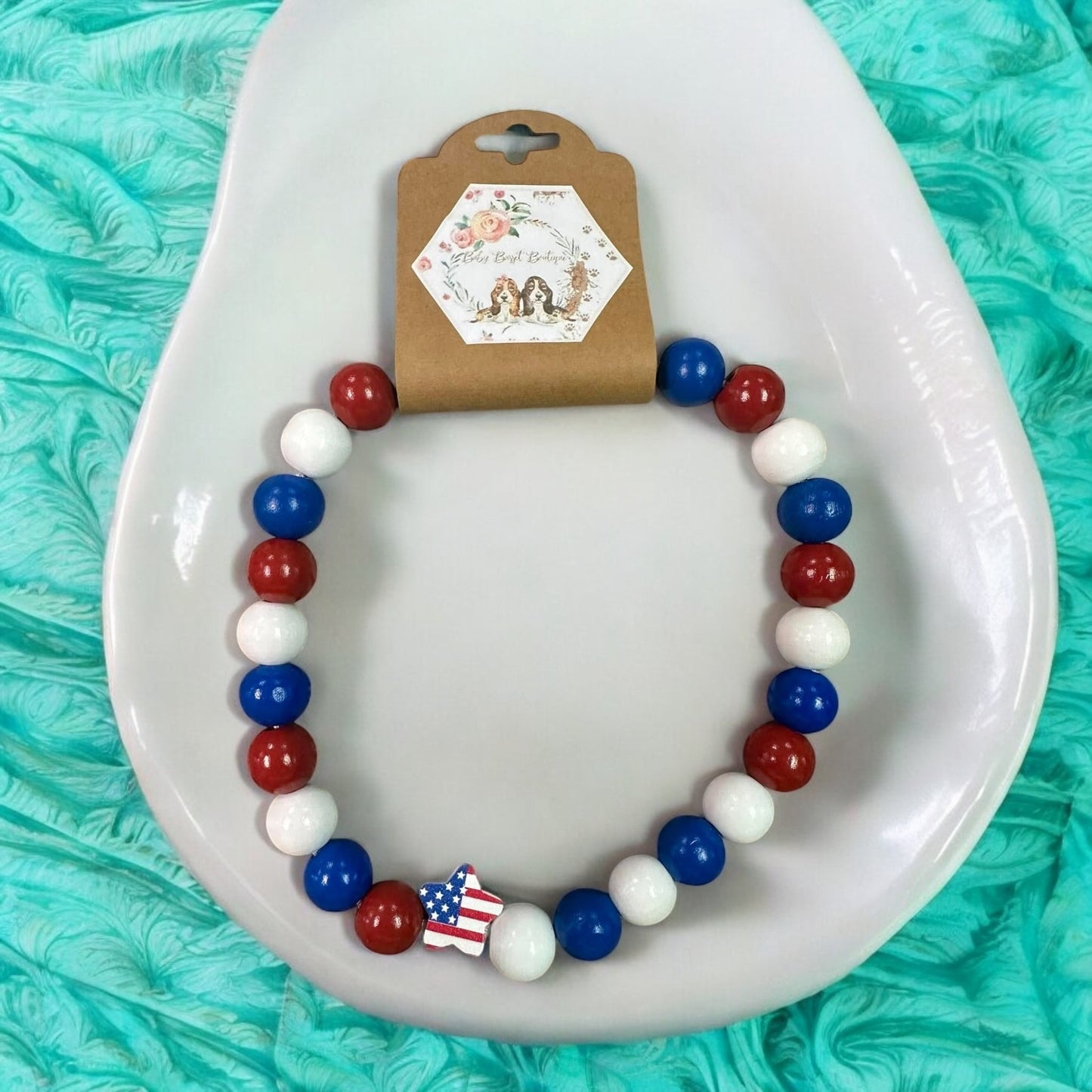 Patriotic Star Red White and Blue Wooden Beaded Necklace