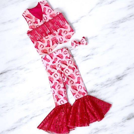 Cowgirl Vest Bellbottom Bow Set Size 4T/5T
