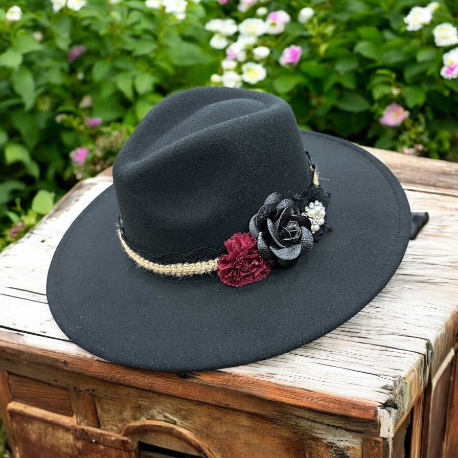 Black flower Wide Brim Felt Hat