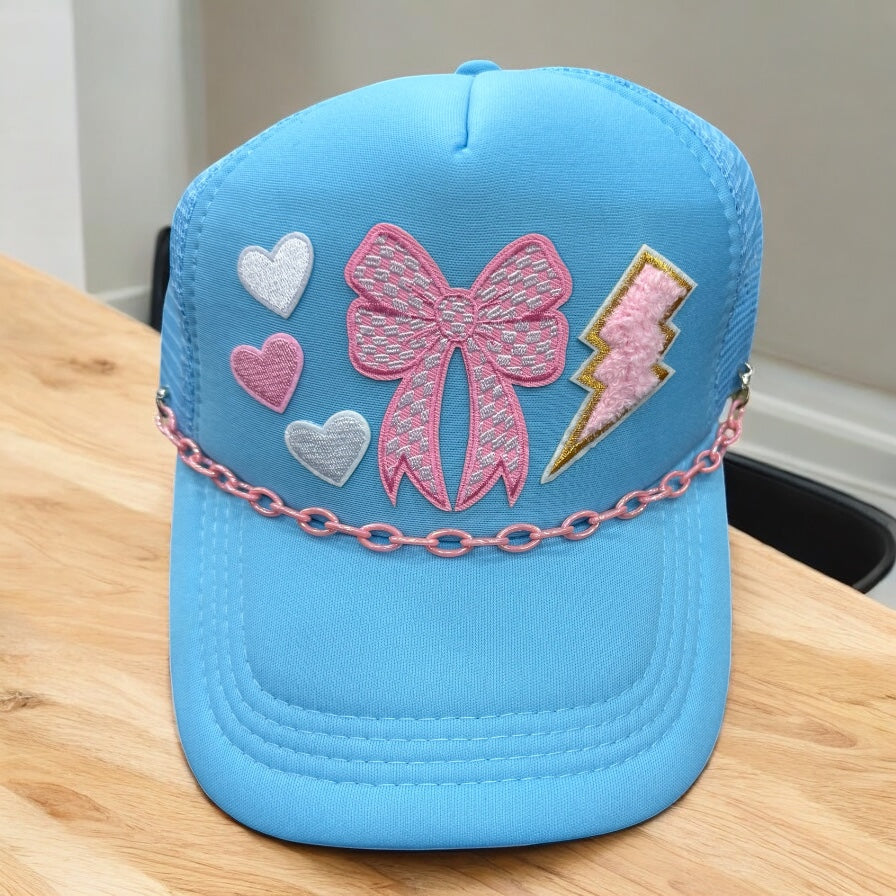Blue & Pink Bow Patch Trucker Cap