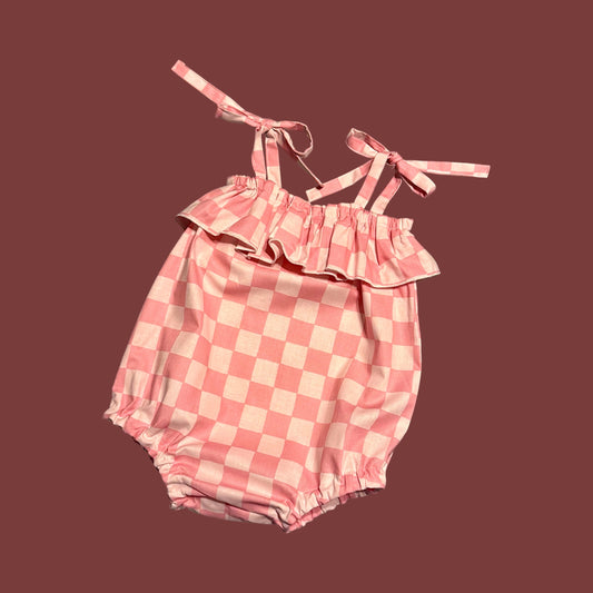 Pink Checkered Tie bubble Romper size 18/24m