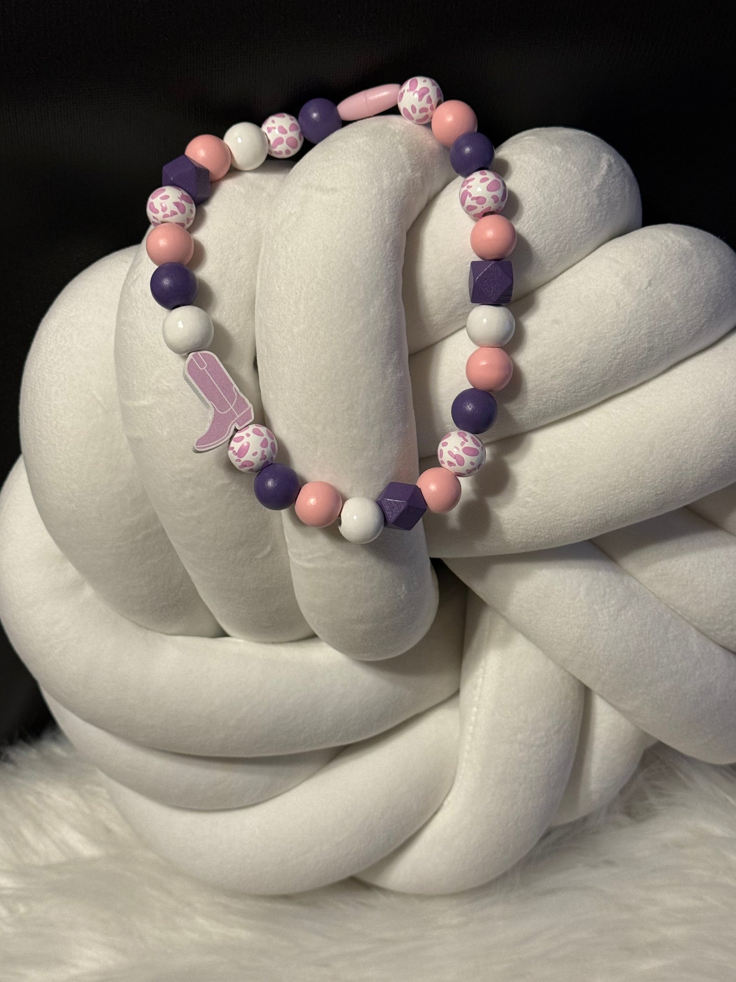 Pink Purple Cowgirl boot Wooden Beaded Necklace