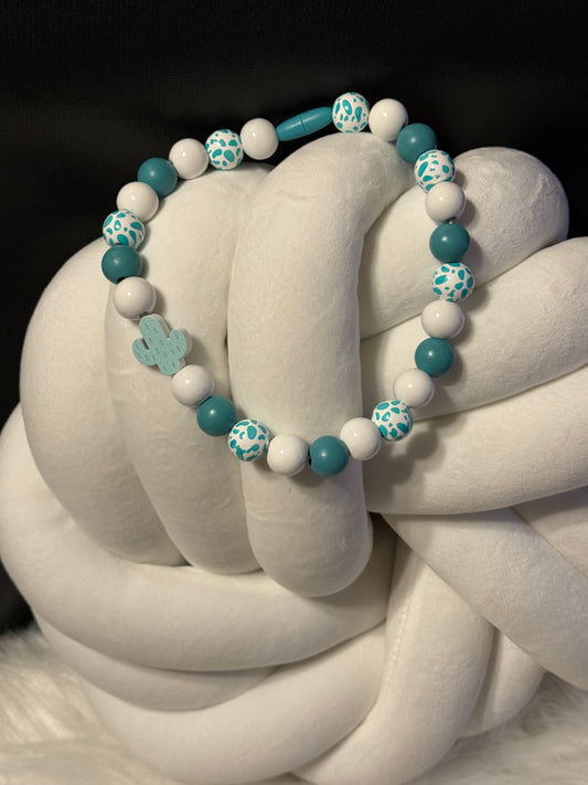 Teal Cactus Wooden Beaded Necklace