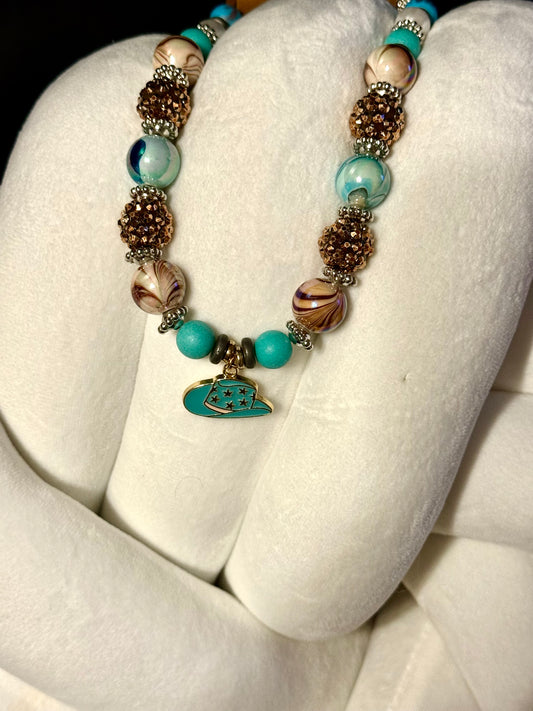 Teal cowboy hat Acrylic Beaded Necklace