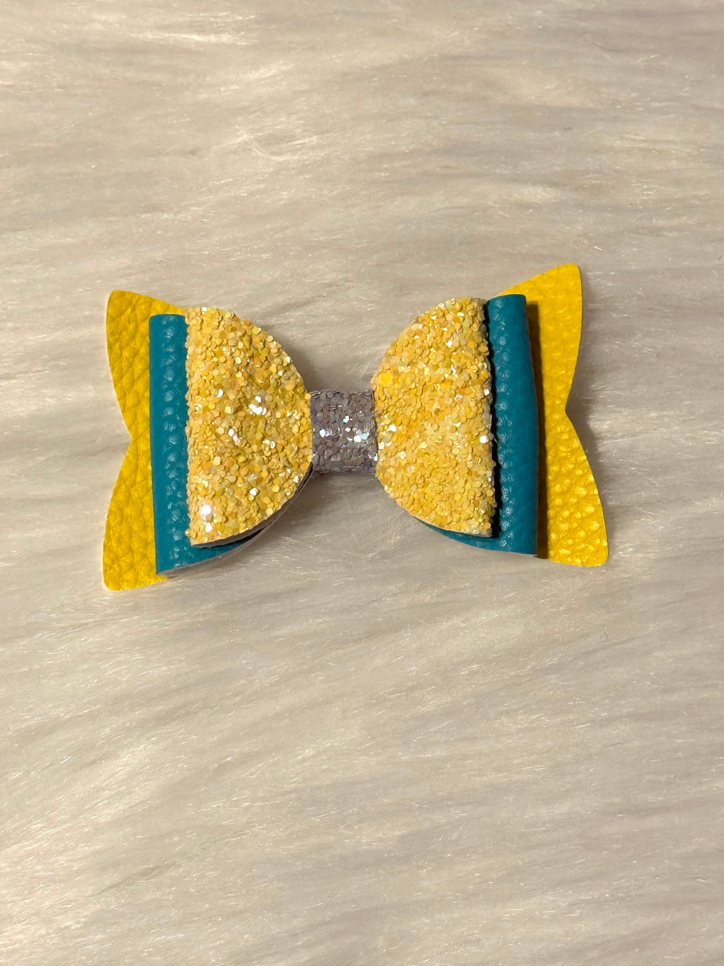 Yellow Teal Faux Leather Bow